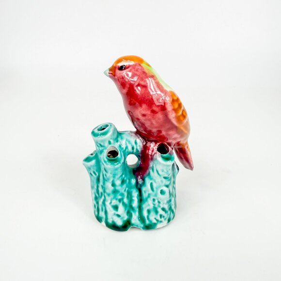 Vintage Majolica Bird Parrot Parakeet Ceramic Flower Frog Made In Japan - Picture 1 of 6
